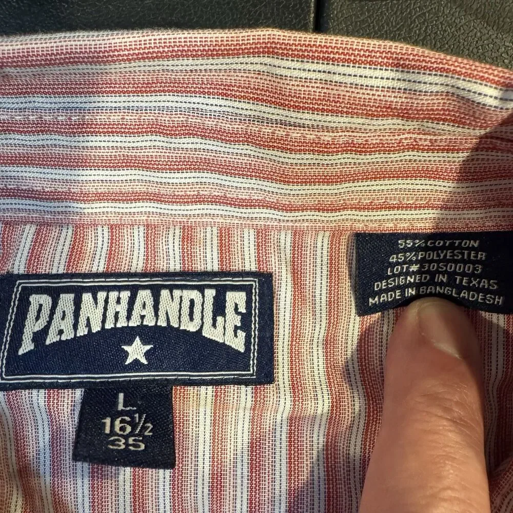 Panhandle Slim Western Shirt Mens L 16.5 Pearl Snap Red Blue Stripe Long Sleeve
